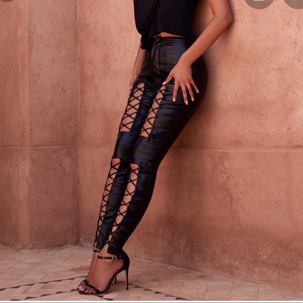 HOUSE OF CB SUKESH LACE UP VEGAN LEATHER PANTS